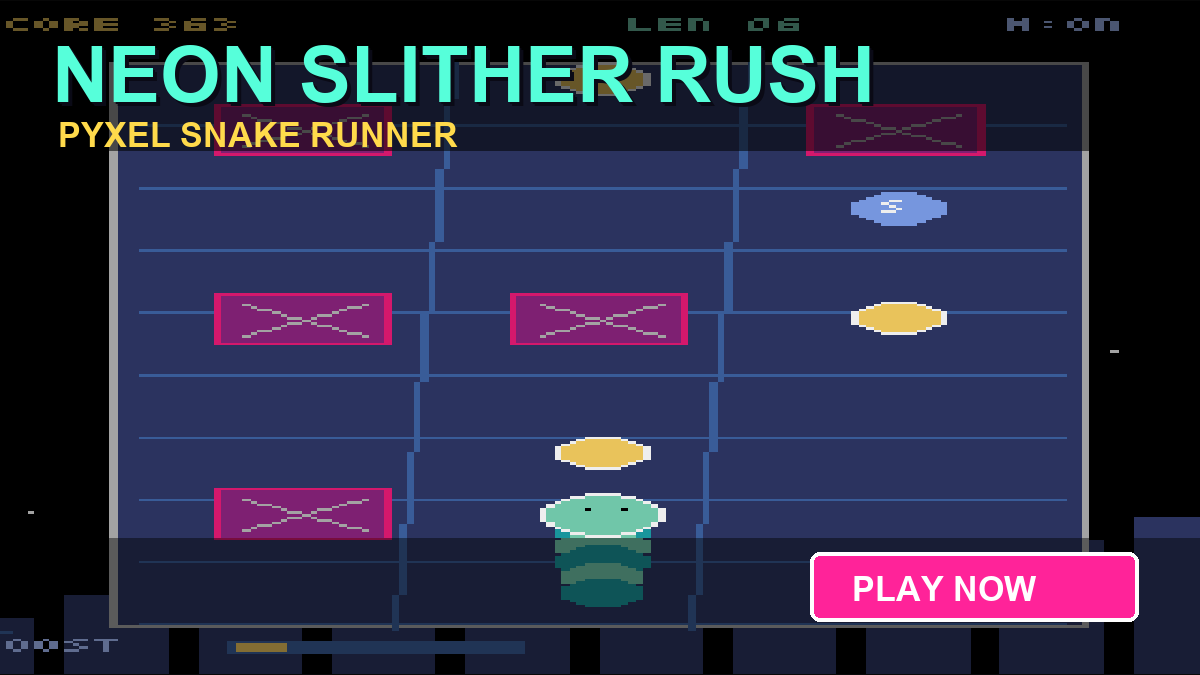 Neon Slither Rush Pyxel snake runner gameplay